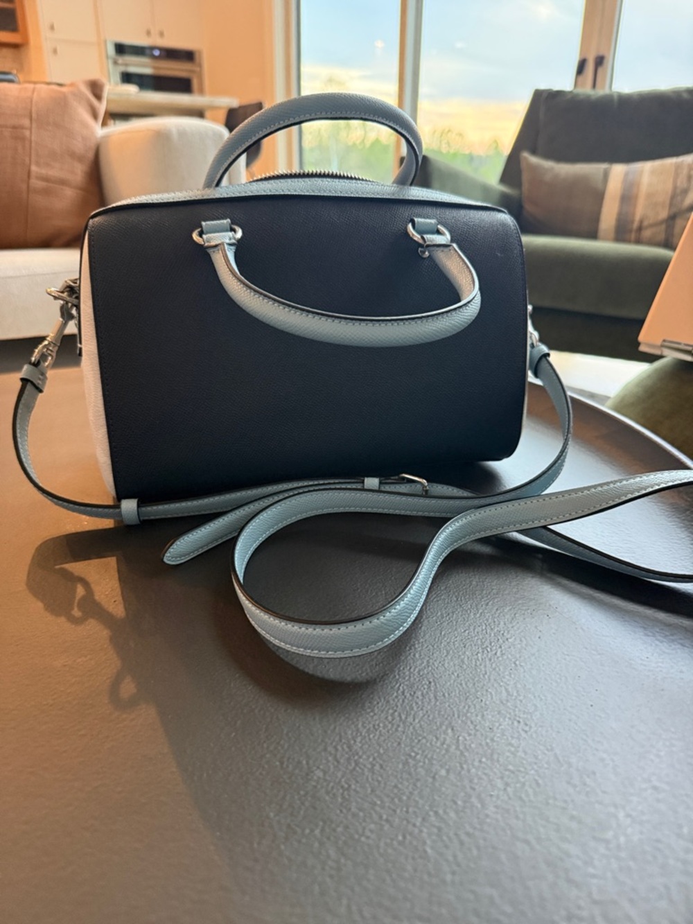 COACH Black Duffel Bag with Light Blue Trim and Cream Tag - Picture 2 of 3